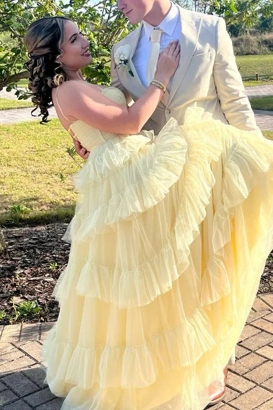 Yellow Strapless A Line Ruffle Tulle Sleeveless Long Prom Dress Party Dress DP2397