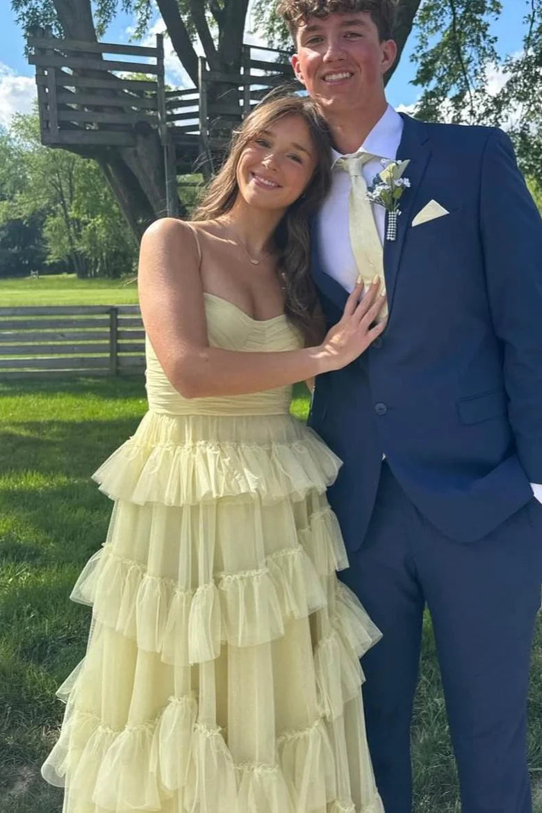 Yellow Strapless A Line Ruffle Tulle Sleeveless Long Prom Dress Party Dress DP2397