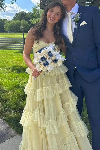 Yellow Strapless A Line Ruffle Tulle Sleeveless Long Prom Dress Party Dress DP2397