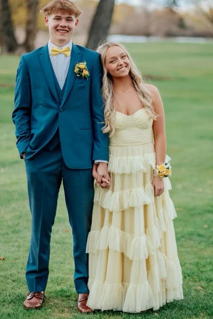 Yellow Strapless A Line Ruffle Tulle Sleeveless Long Prom Dress Party Dress DP2397