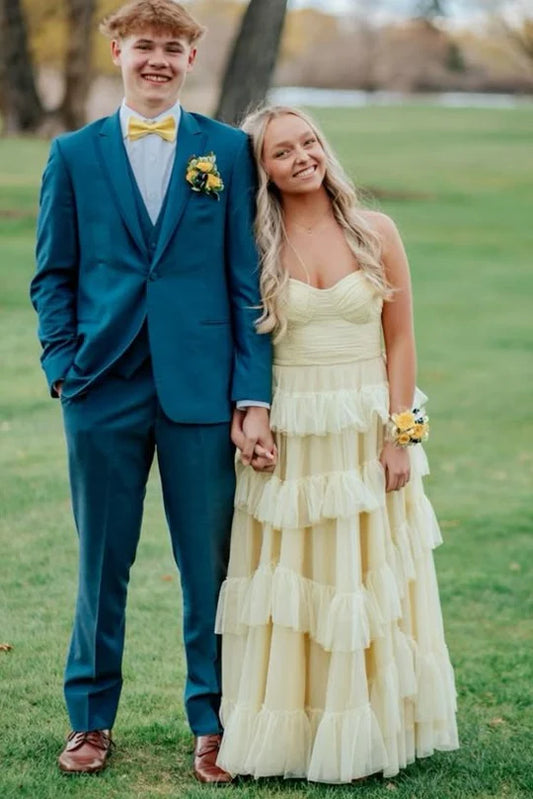 Yellow Strapless A Line Ruffle Tulle Sleeveless Long Prom Dress Party Dress DP2397