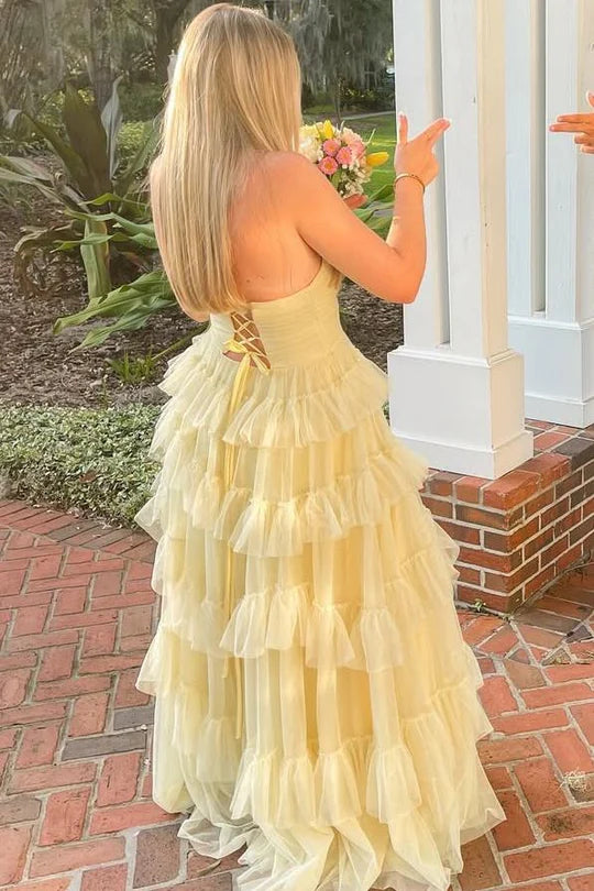 Yellow Strapless A Line Ruffle Tulle Sleeveless Long Prom Dress Party Dress DP2397