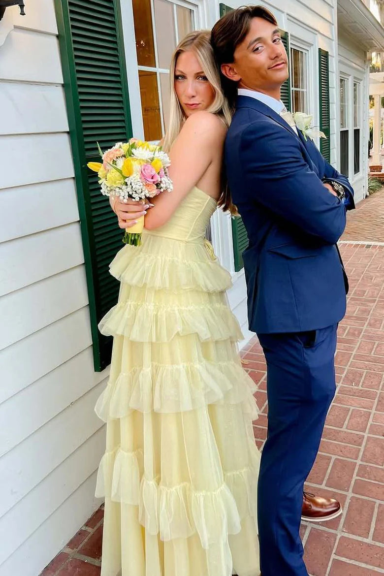 Yellow Strapless A Line Ruffle Tulle Sleeveless Long Prom Dress Party Dress DP2397