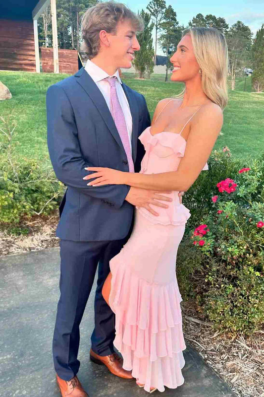 Pink Spaghetti Straps Ruffles Chiffon Sheath Formal Prom Dress with Slit DP2396