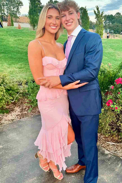 Pink Spaghetti Straps Ruffles Chiffon Sheath Formal Prom Dress with Slit DP2396