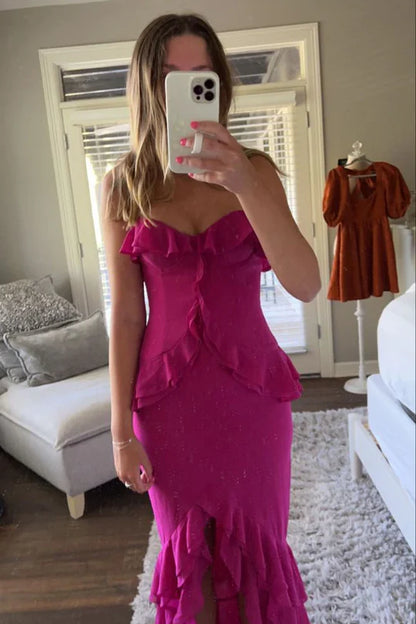 Pink Spaghetti Straps Ruffles Chiffon Sheath Formal Prom Dress with Slit DP2396