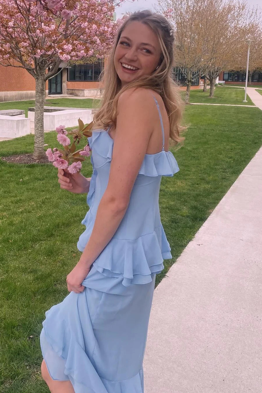 Pink Spaghetti Straps Ruffles Chiffon Sheath Formal Prom Dress with Slit DP2396