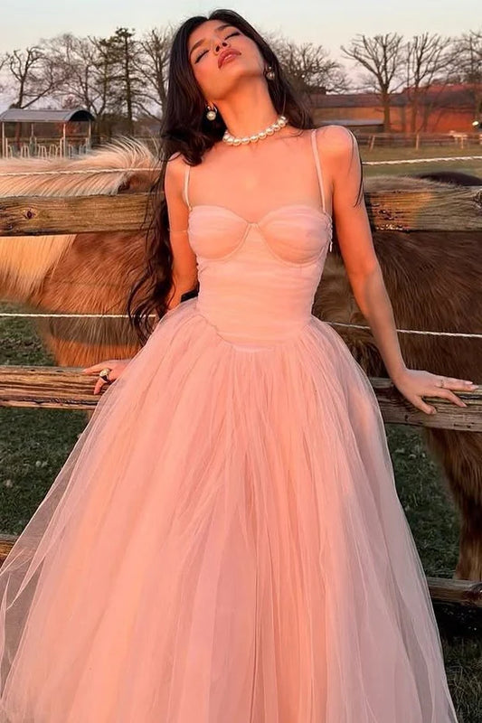 Pink Spaghetti Straps Empire-Waist Tulle Long Prom Party Dress DP2393