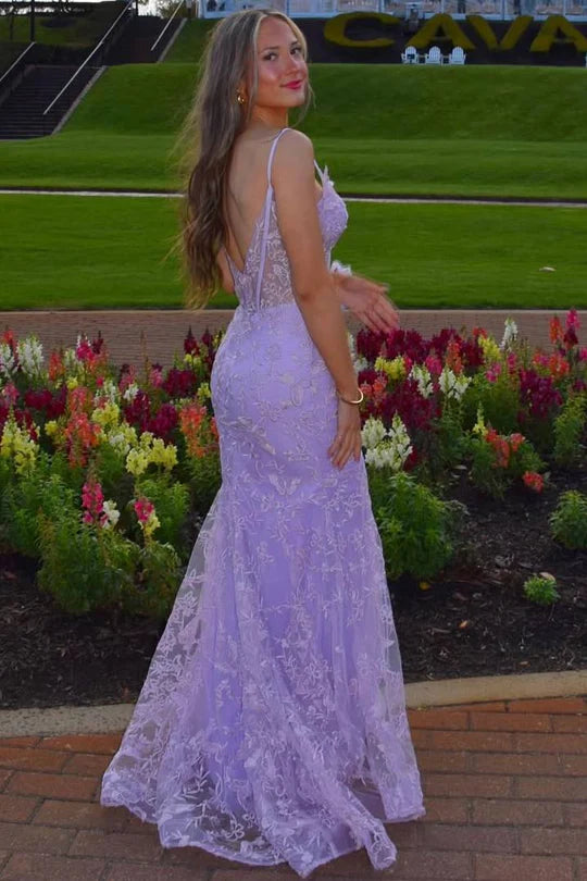 Lilac Spaghetti Straps Lace Appliques V-Neck Mermaid Evening Dress Party Dress DP2392