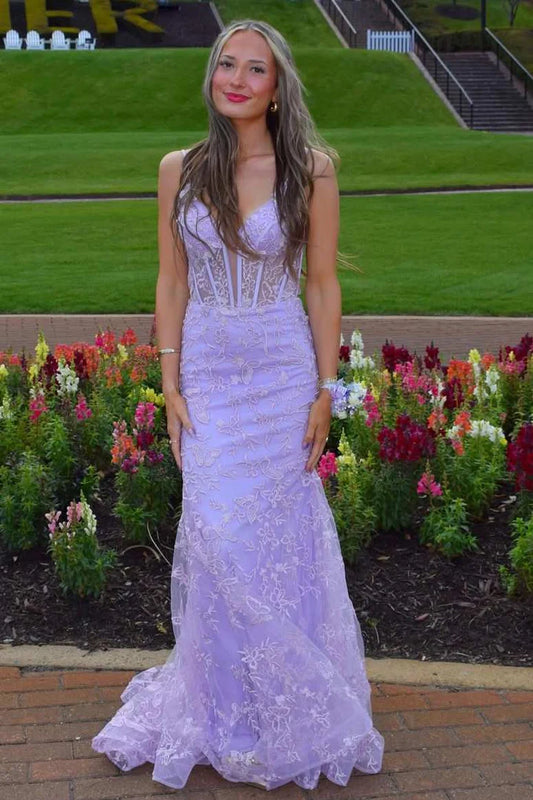 Lilac Spaghetti Straps Lace Appliques V-Neck Mermaid Evening Dress Party Dress DP2392