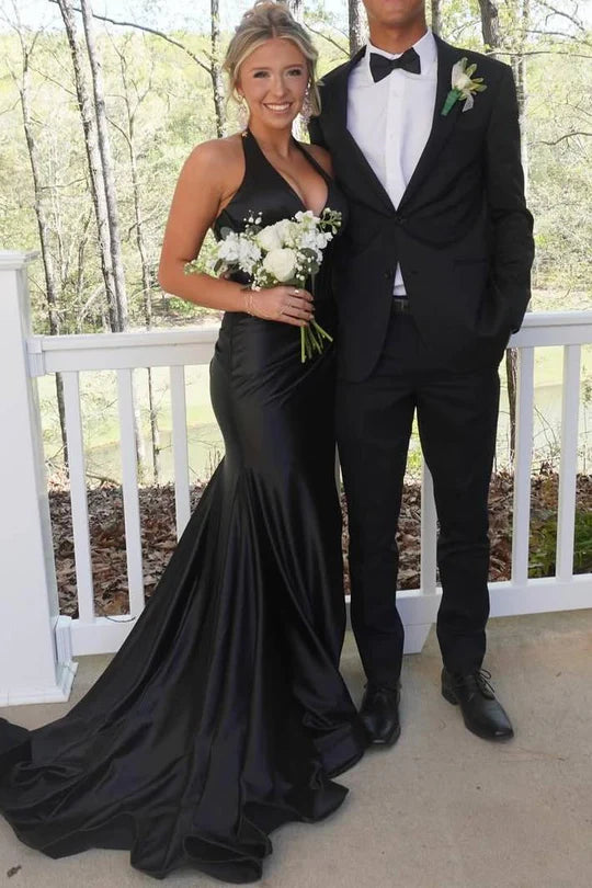 Classy Halter Deep V-Neck Satin Mermaid Prom Formal Dress with Slit DP2391