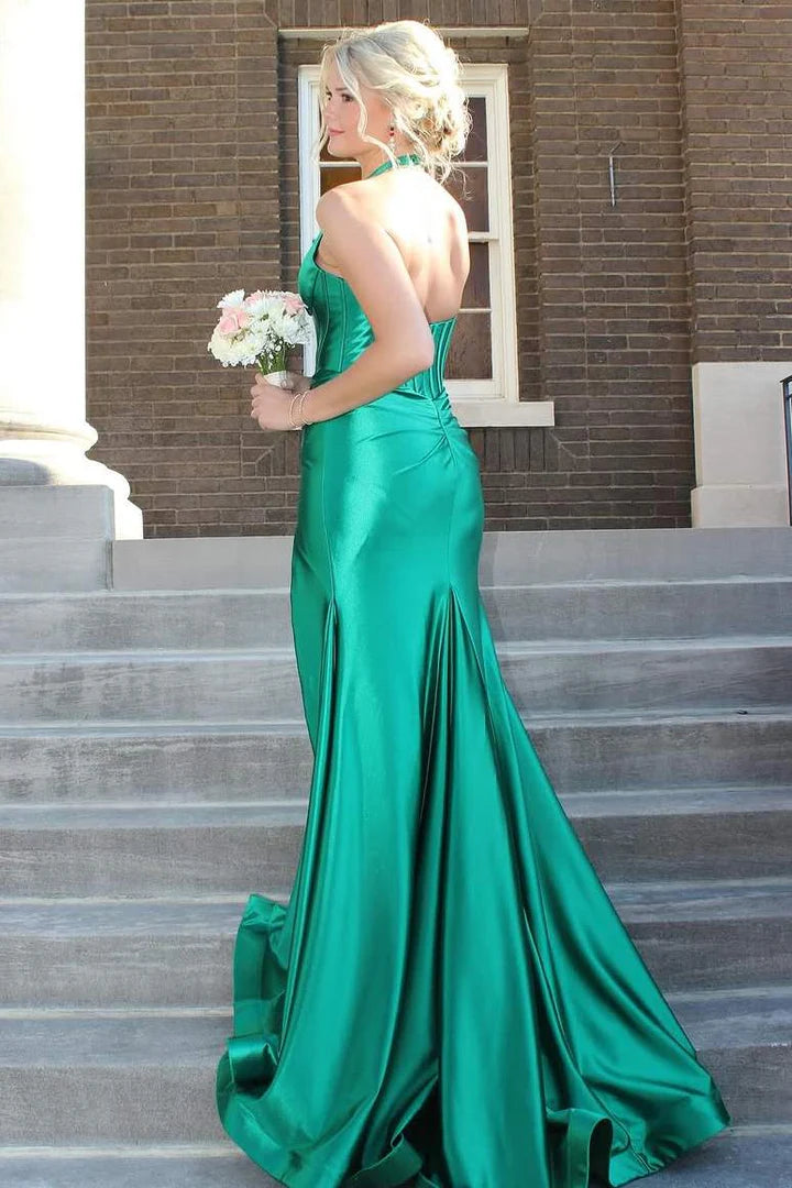 Classy Halter Deep V-Neck Satin Mermaid Prom Formal Dress with Slit DP2391