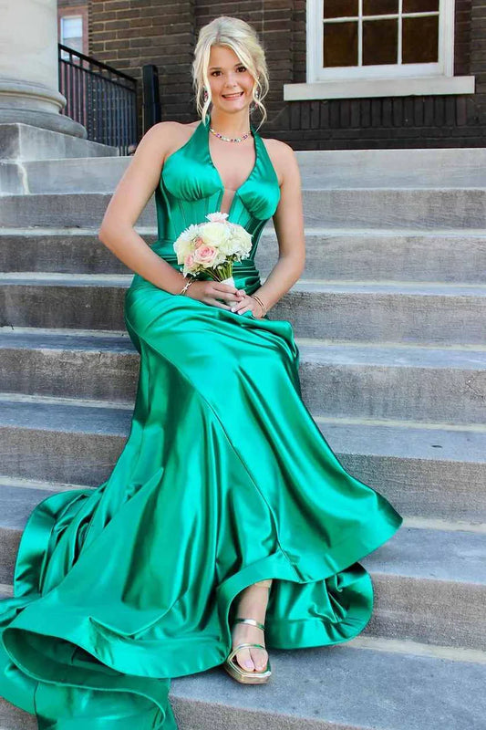 Classy Halter Deep V-Neck Satin Mermaid Prom Formal Dress with Slit DP2391