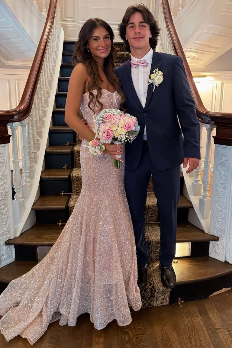 Gentle Light Pink Mermaid Strapless Corset Sequin Evening Dress Prom Dress DP7676