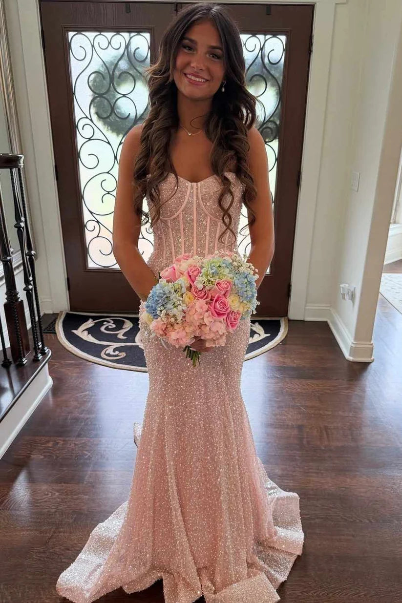 Gentle Light Pink Mermaid Strapless Corset Sequin Evening Dress Prom Dress DP7676
