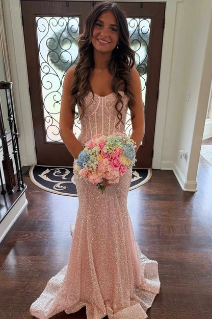 Gentle Light Pink Mermaid Strapless Corset Sequin Evening Dress Prom Dress DP7676