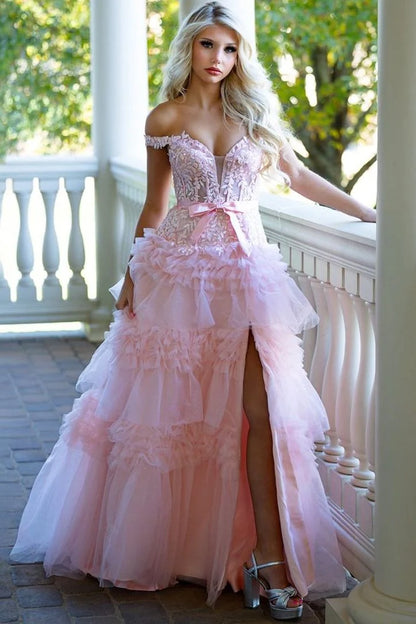 Deep V-Neck Off-Shoulder Sleeveless Beaded Applique Tulle Pleated Tiered A-Line Prom Dress DP7632