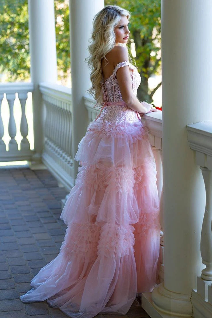 Deep V-Neck Off-Shoulder Sleeveless Beaded Applique Tulle Pleated Tiered A-Line Prom Dress DP7632
