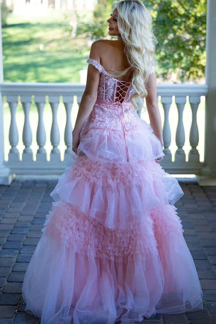 Deep V-Neck Off-Shoulder Sleeveless Beaded Applique Tulle Pleated Tiered A-Line Prom Dress DP7632