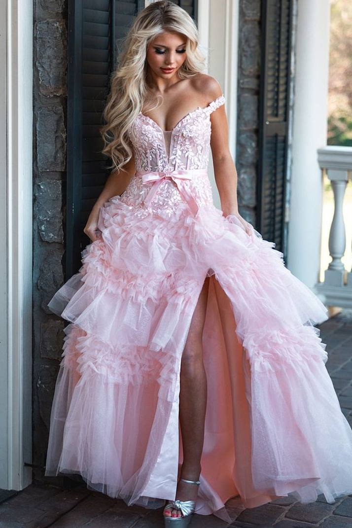 Deep V-Neck Off-Shoulder Sleeveless Beaded Applique Tulle Pleated Tiered A-Line Prom Dress DP7632