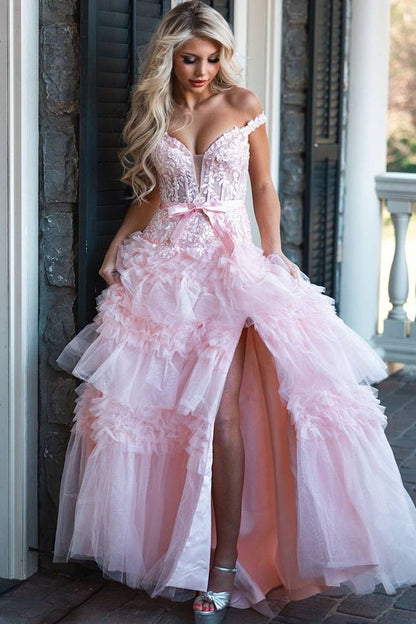 Deep V-Neck Off-Shoulder Sleeveless Beaded Applique Tulle Pleated Tiered A-Line Prom Dress DP7632