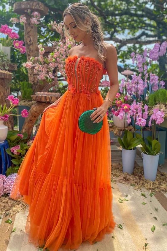 Tube Top Sleeveless Floor-Length Beaded Applique Tulle Pleated A-Line Prom Dress DP7633