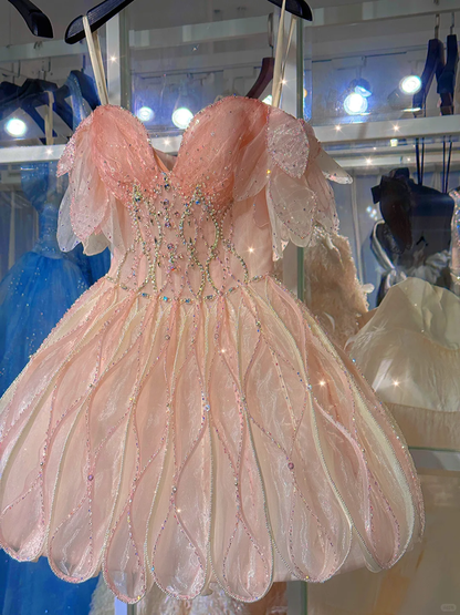 Gentle A Line Off the Shoulder Rhinestone Pink Tulle Homecoming Dress Cocktail Dress DP2679