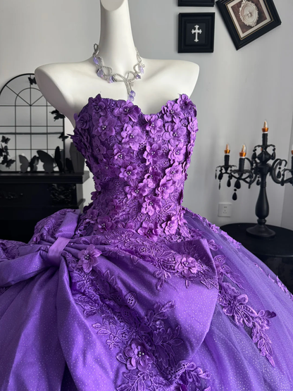 Purple Ball Gown Sweetheart Neck Appliques Lace Prom Dress Quinceanera Dress DP6951