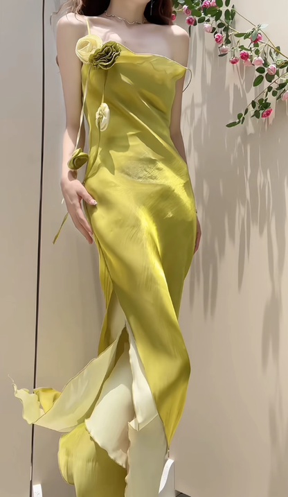 Stunning Sheath Spaghetti Strap Green Flower Satin Prom Dress Evening Dress with Slit DP3561