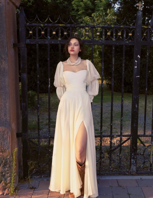 Princess White A Line Long Sleeve Chiffon Long Prom Dress Evening Dress DP2803