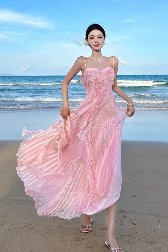 Pink A Line Spaghetti Strap Pleated Ruffle Chiffon Long Beach Vacation Dress Outfits DP3402