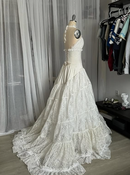 Vintage Ivory A Line Halter Lace Satin Ball Gown Graduation Prom Dress DP4840