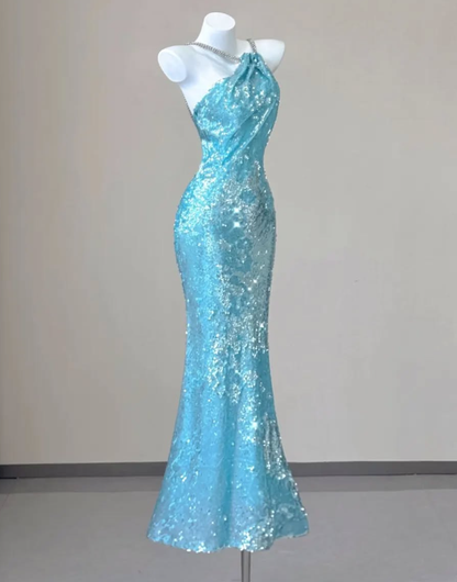 Shiny Blue Mermaid Halter Beaded Sequin Open Back Prom Dress Evening Dress DP4682