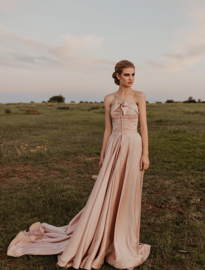 Pink A Line Strapless Bow Satin Long Sweep Party Dress Evening Dress DP2348