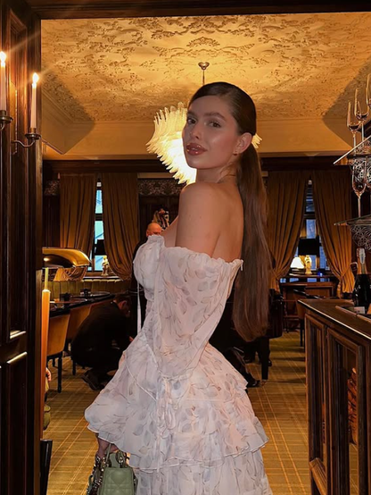 Pretty A Line Long Sleeve Print Chiffon Short Homecoming Dress Outfits DP6018