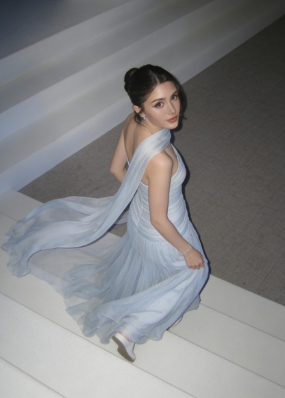 Baby Blue A Line Strapless Pleated Chiffon Long Prom Dress Party Dress DP2582