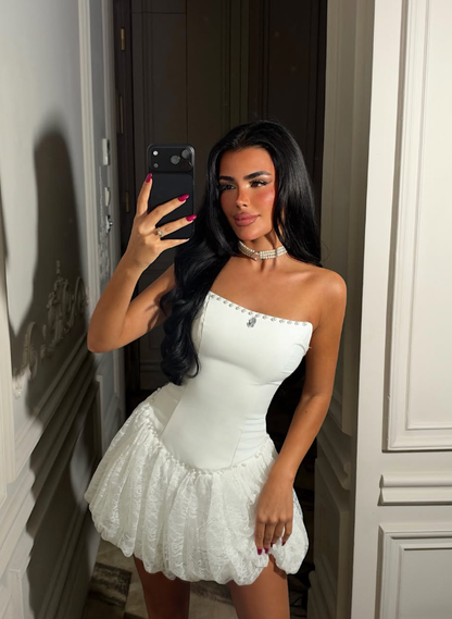 Sweety White A Line Strapless Satin Lace Short Prom Dress Homecoming Dress DP8201
