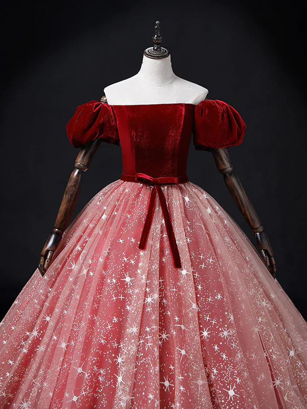 Burgundy Tulle Velvet Off The Shoulder Long Prom Dress Ball Gown DP590