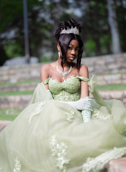 Light Green Princess Ball Gown Appliques Tulle Long Prom Dress 16th Birthday Dress DP5060