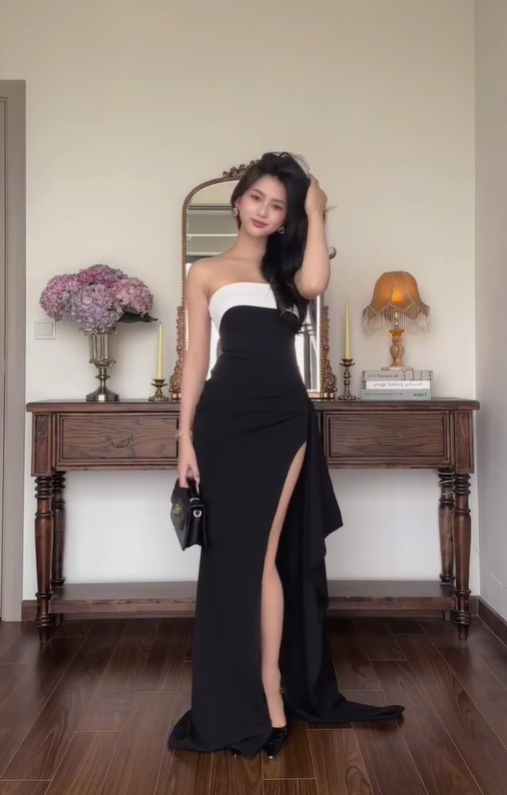 Classic Sheath Strapless White Black Satin Prom Dress with Slit DP4364