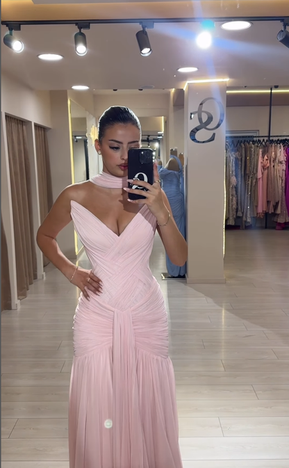 Gentle Pink Mermaid V Neck Pleated Chiffon Long Prom Dress Evening Dress DP4391