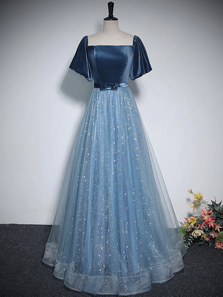 A Line Tulle Velvet Blue Long Prom Dress Party Evening Dress DP046