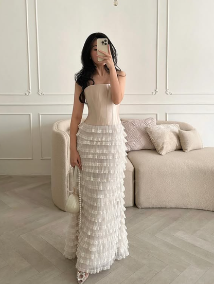 Princess Sheath Strapless Corset Layered Tulle Long Prom Dress Evening Dress DP5949