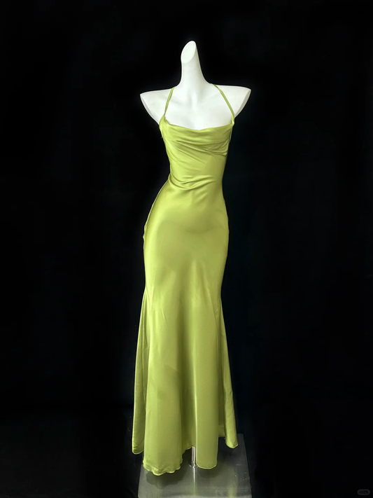 Simple Mermaid Spaghetti Strap Green Satin Open Back Long Party Dress Evening Dress DP2408