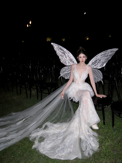 Unique Mermaid V Neck Beaded Tulle Prom Dress 16th Birthday Dress DP4247