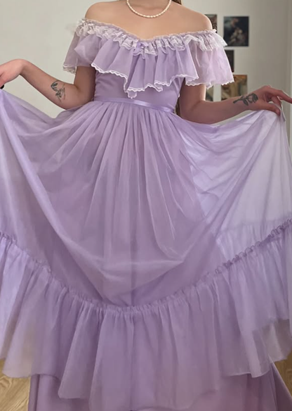 Vintage A Line Off the Shoulder Lilac Tulle Prom Dress Evening Dress Date Dress DP5708