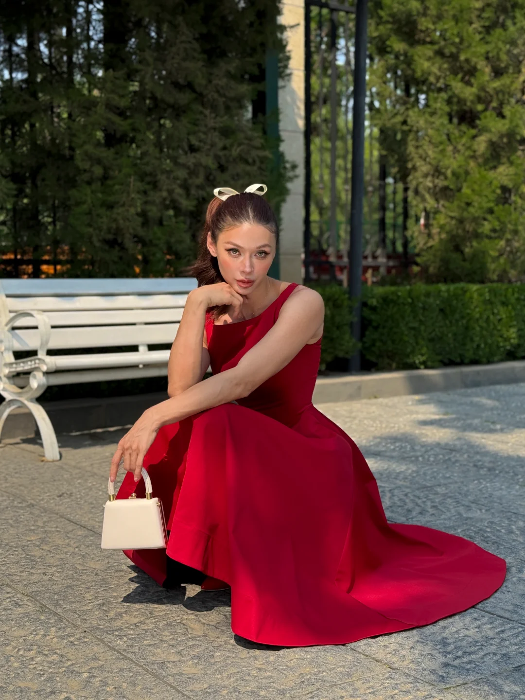 Charming Red A Line Round Neck Satin Tea Length Prom Dress Homecoming Dress DP3755