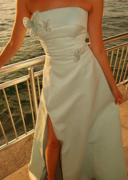 Elegant A Line Strapless Blue Satin Prom Dress Evening Dress with Slit DP5912