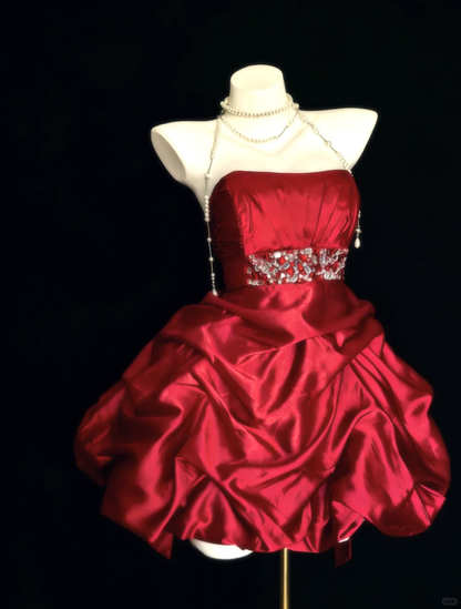 Vintage Burgundy A Line Strapless Beaded Pleated Satin Short Homecoming Dress DP4719