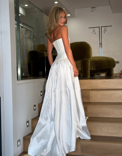 Simple Classic A Line Strapless Corset Satin Prom Dress Wedding Dress DP6038